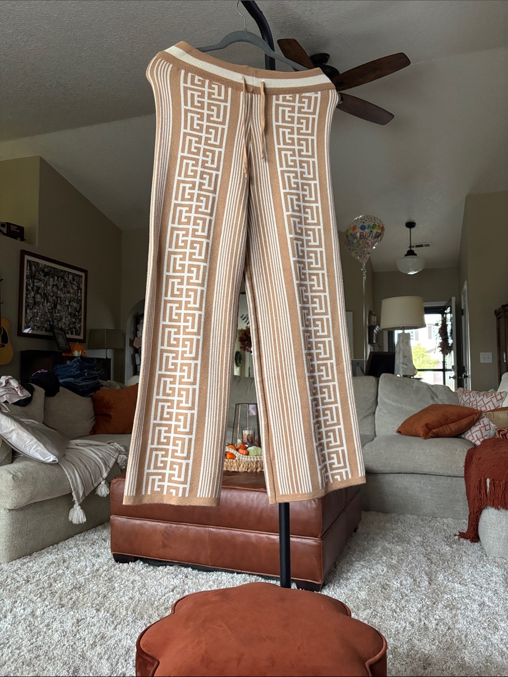 Beige and Cream Geometric Knit Throw Blanket
